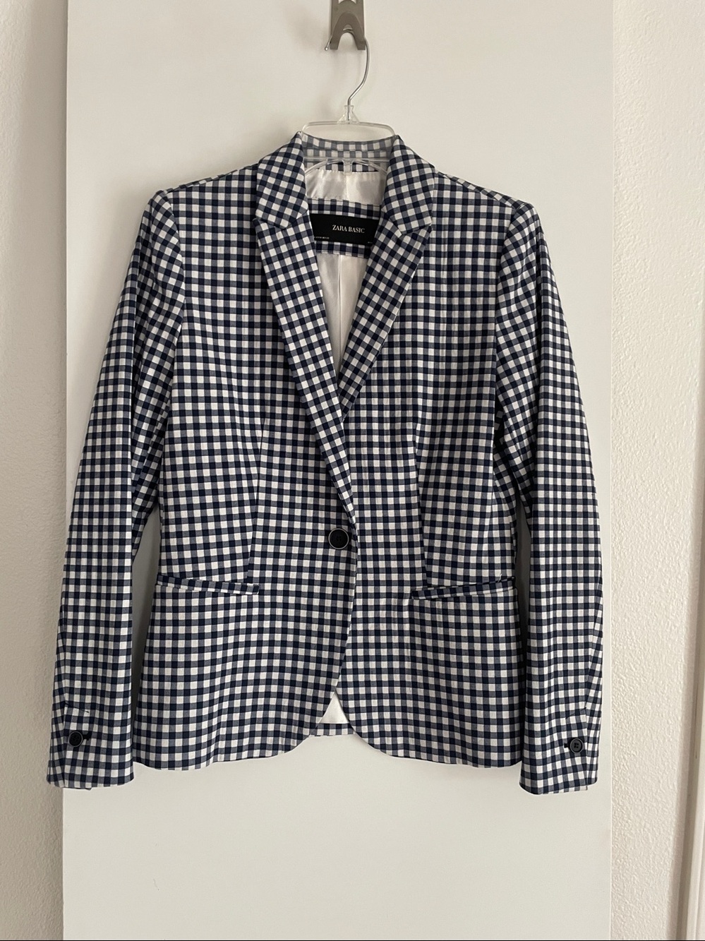 ZARA Basic Blazer Navy Blue/White Fully Lined Gingham Preppy Classic Fit NWOT